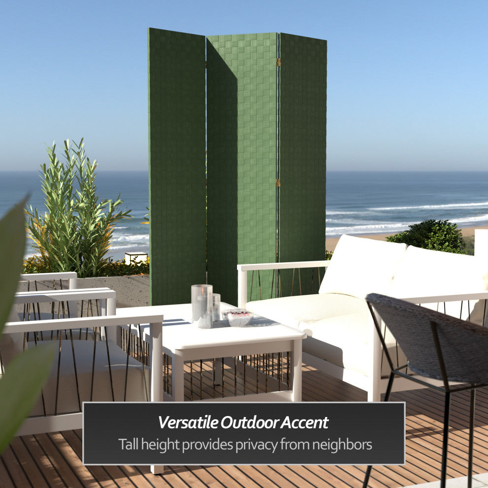 6' Tall Woven Fiber Outdoor All Weather Room Divider, 3 Panel, Green