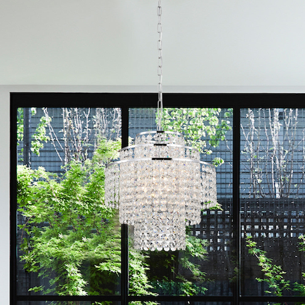 4-Light Chrome Modern Glam Chandelier With Tier Cascading Crystals