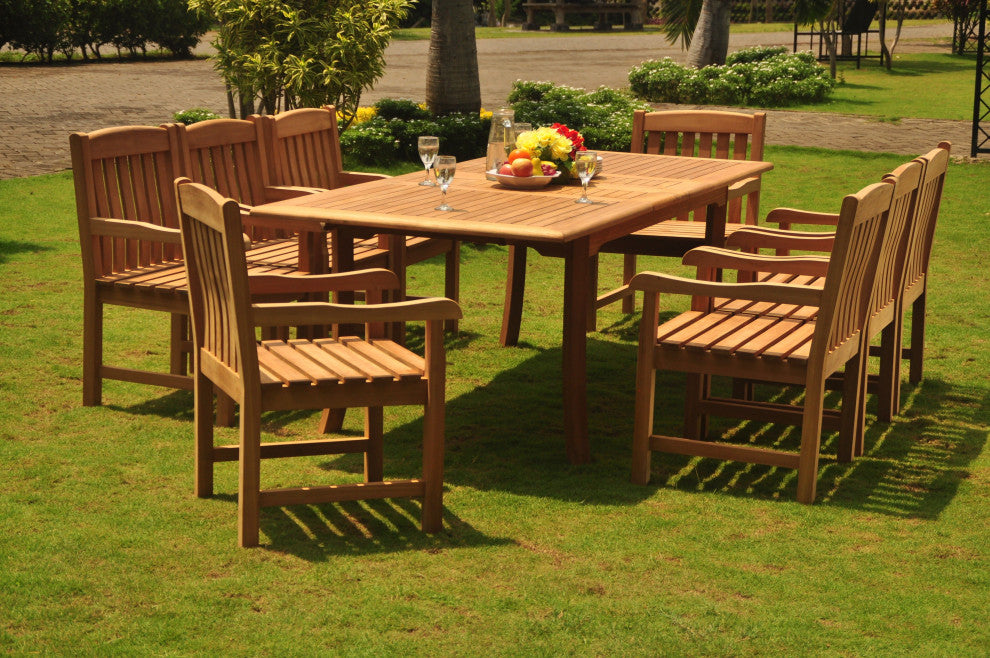 9-Piece Outdoor Teak Dining Set, 94" Extension Table, 8 Devon Arm Chairs