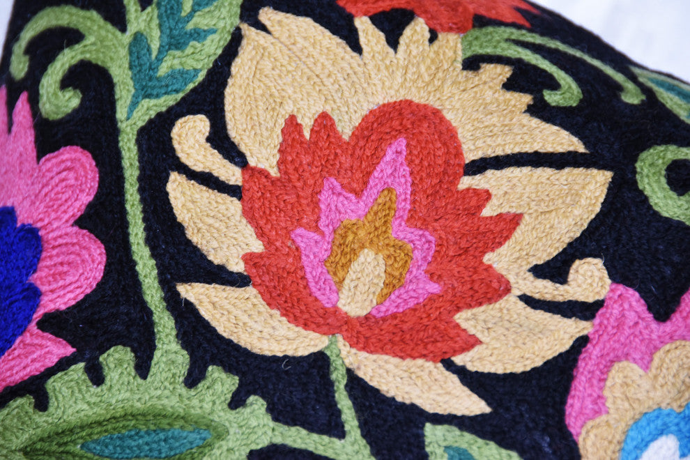 Black Polish Floral Pillow Cover Hand Embroidered Cushions Wool 18x18