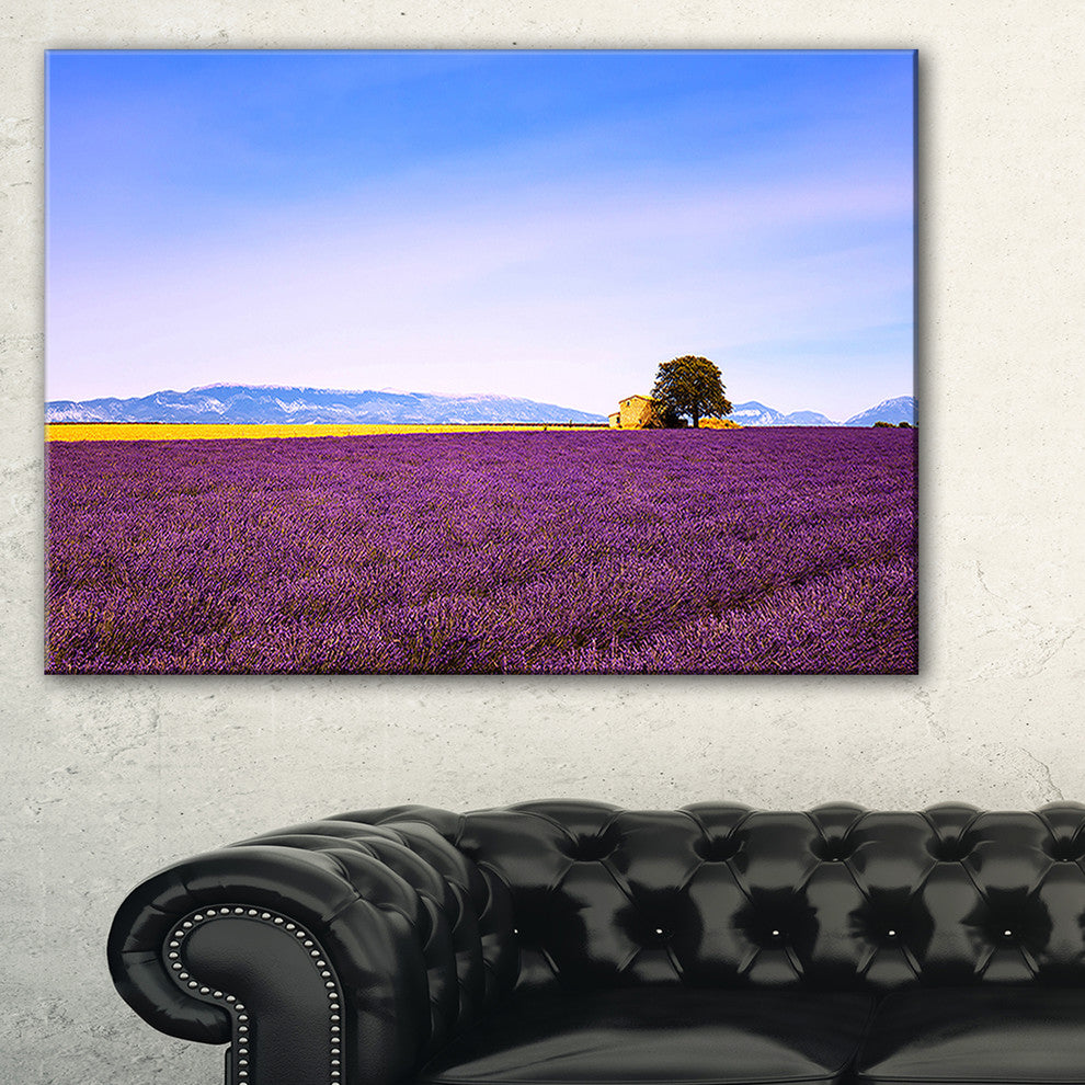 "Lavender Flowers With Old House" Landscape Wall Art Print, 1 Panel, 60"x28"