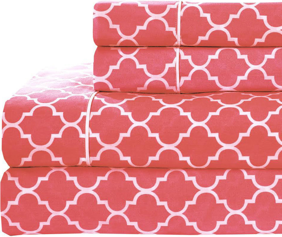 Percale Meridian 100% Cotton Sheet Set, Coral and White, Full