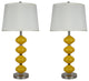 Set of 2 Beautor Lamps, Brushed Steel & Yellow Glass with Cream Shades