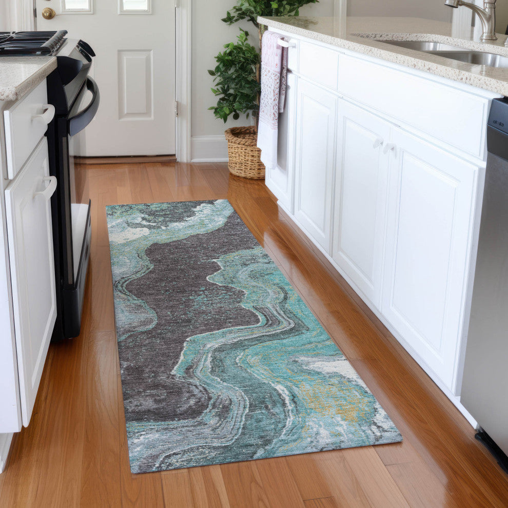 Machine Washable Indoor/Outdoor Chantille ACN1907 Teal 2'3" x 7'6" Runner Rug