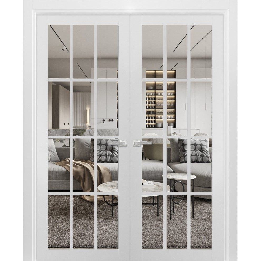 Interior French Double Clear Glass Doors | Felicia 3355 White Silk  -48x96
