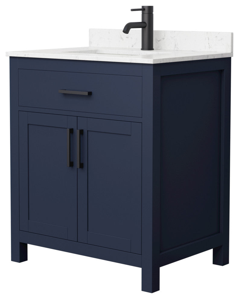 30"SGL Vanity Dark Blue, Carrara Cult. Marble Countertop, Sink, Black Trim