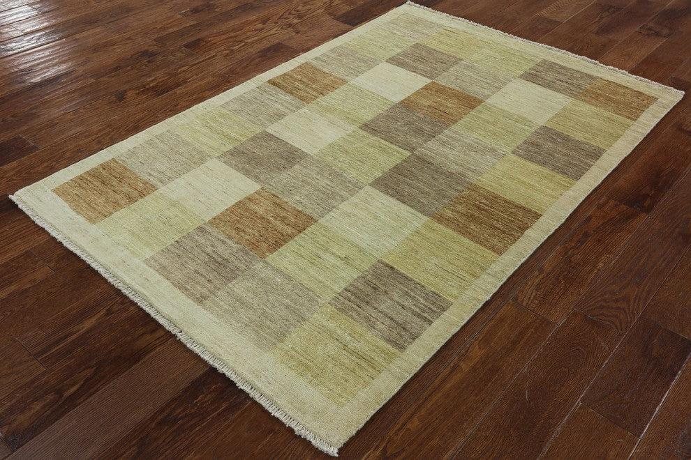 Neutral Multicolor Checked Gabbeh Hand-Knotted Wool Rug, 4'x6'