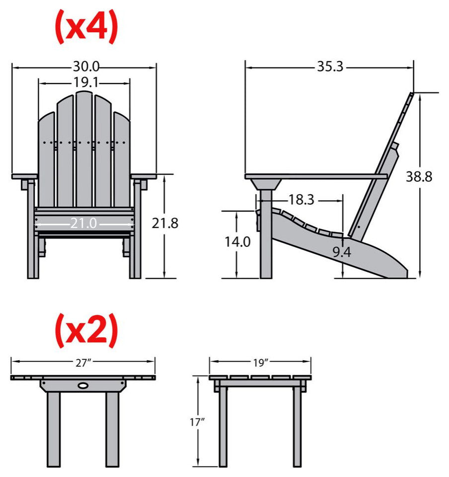 4 Classic Westport Adirondack Chairs, 2 Folding Side Tables, Black