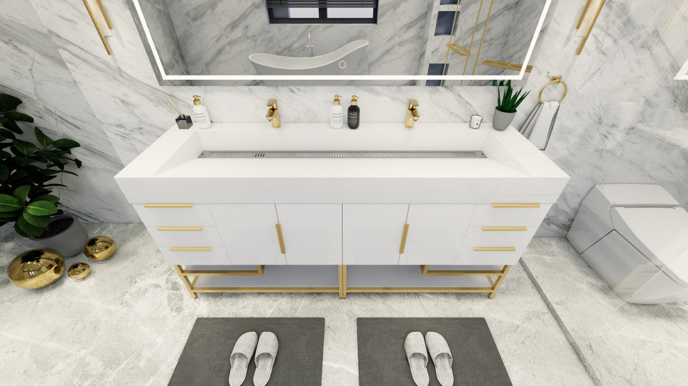 Madison 84" Free Standing Double Sink Vanity with Reinforced Acrylic Sink, High Gloss White