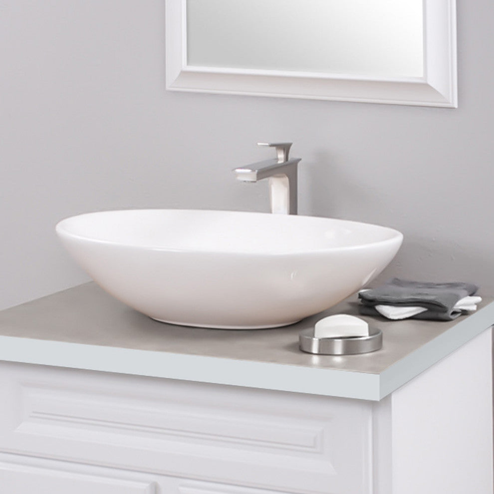 Bianco Uovo Contemporary White Porcelain Vessel Sink with Overflow and Drain, Brushed Nickel