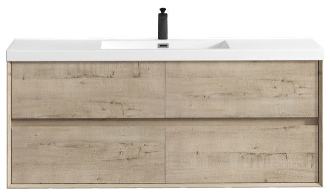 SLIM Light White Oak Wall Mount Vanity, Reinforced Acrylic Sink, 60" Single