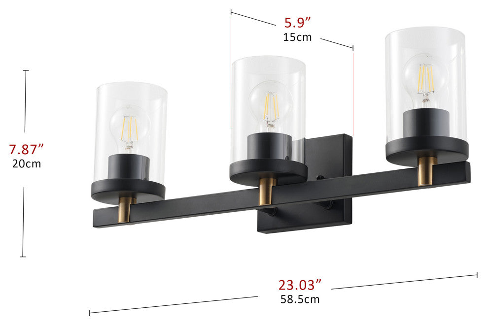 Farmhouse 3-Light Vanity Light Over Mirror With Clear Glass Shade, Black