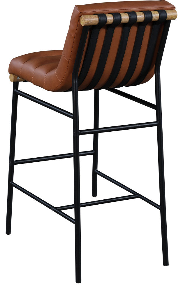 Burke Upholstered Bar Stool, Cognac, Vegan Leather, White Oak Veneer Metal Dowel