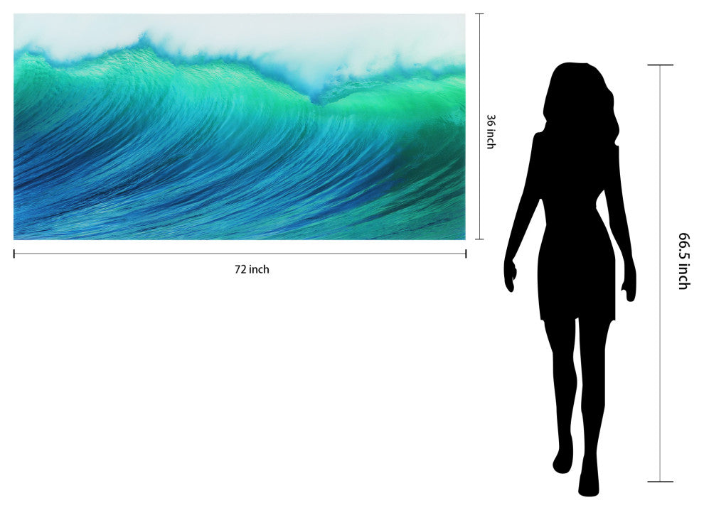 Blue Wave Wall Art Frameless Free Floating Tempered Art Glass 72"x36"