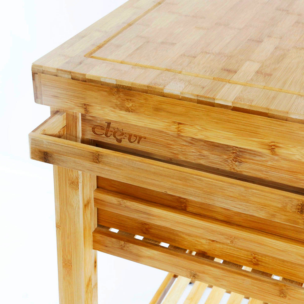 Rolling Bamboo Wood Kitchen Island Cart Trolley, Cabinet w/ Towel Rack & Drawers