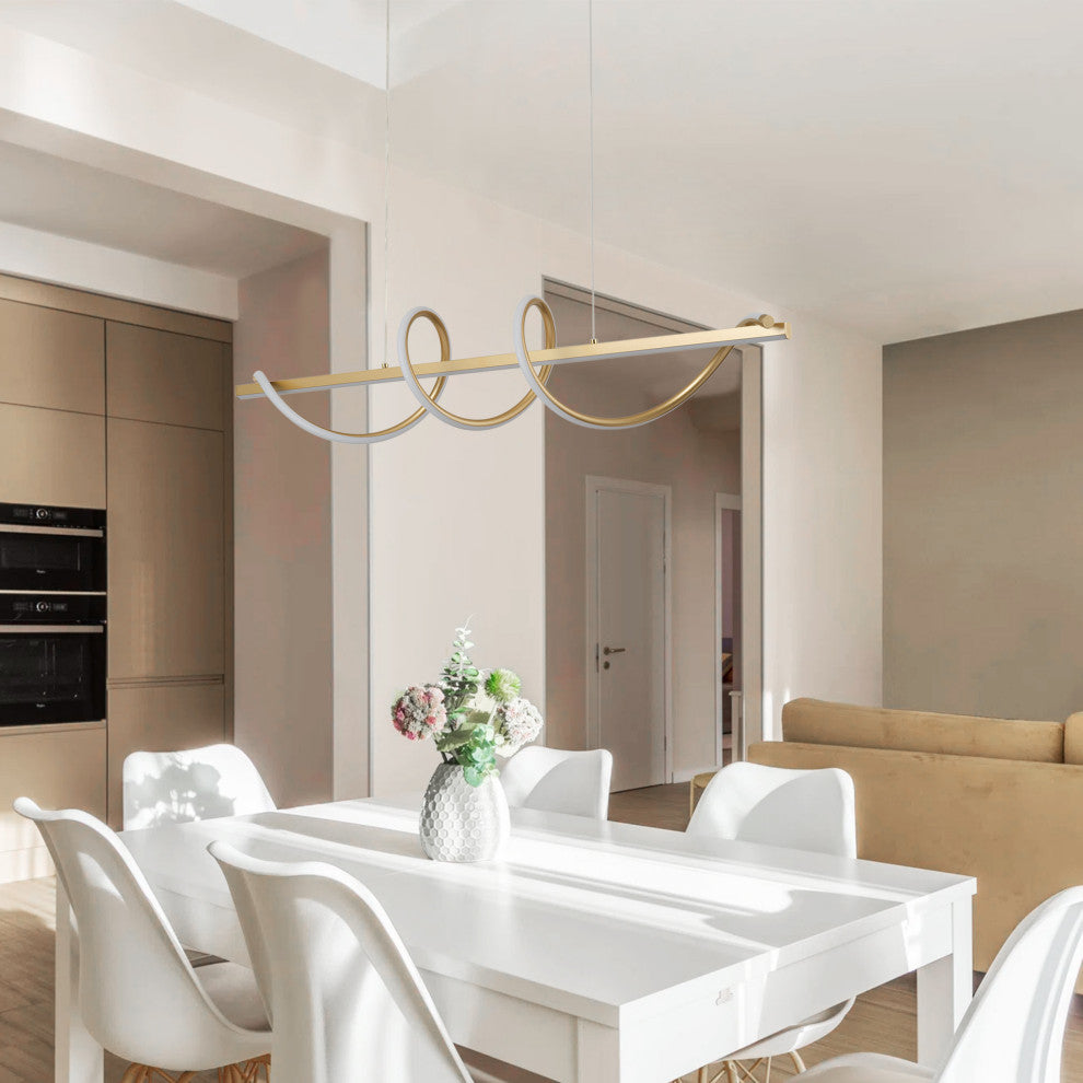 Modern Linear Wave Shape LED Pendant Lighting for Kitchen Island, Gold