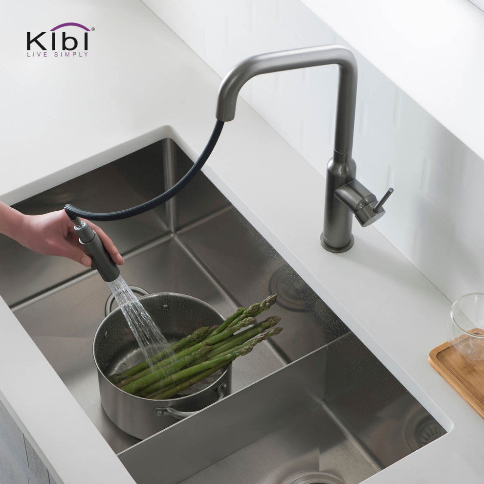 Macon Single Handle Pull Down Kitchen Faucet, Titanium, W/ Soap Dispenser