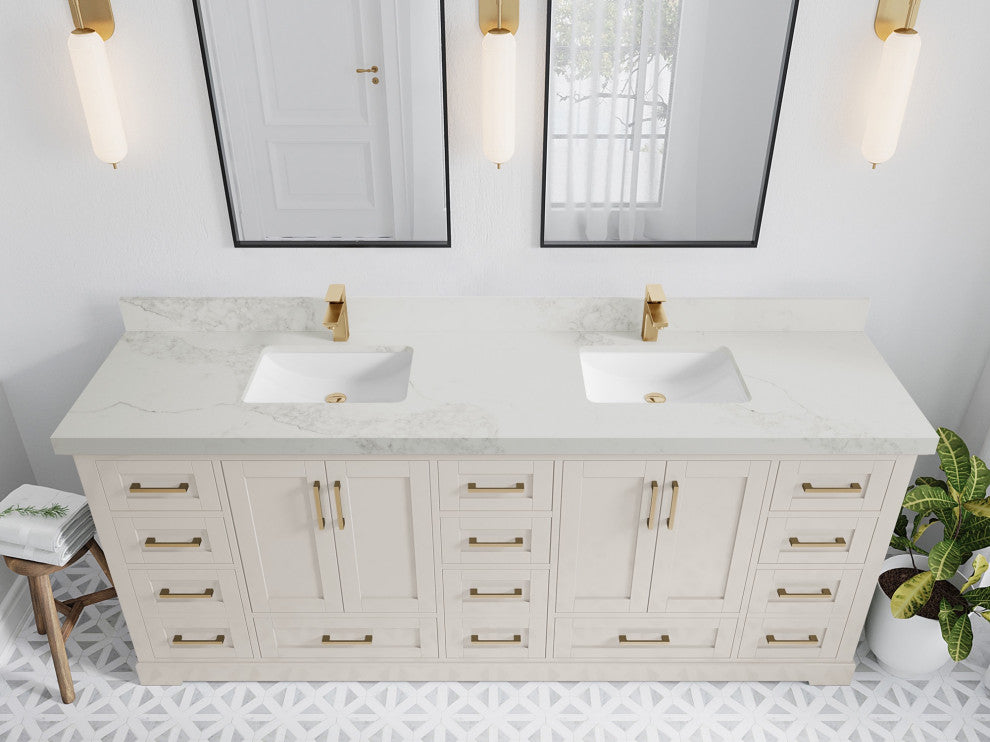 Boston 84" Double Sink Bath Vanity in Fine Grain 2" Calacatta Nuvo