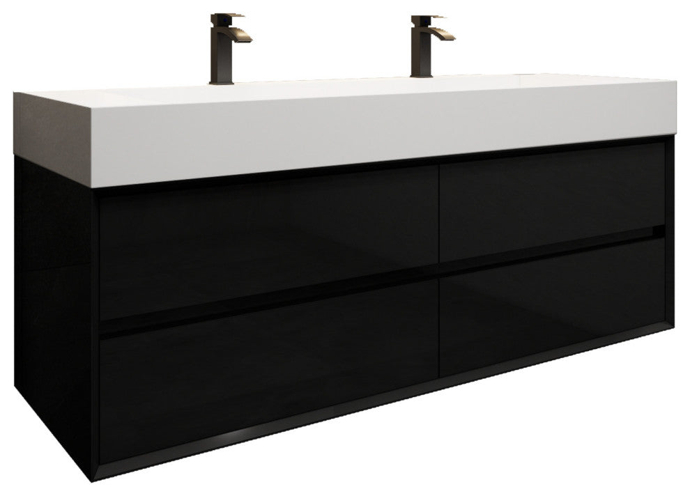 MAX 60" Double Floating Bath Vanity With Acrylic Sink, Gloss Black