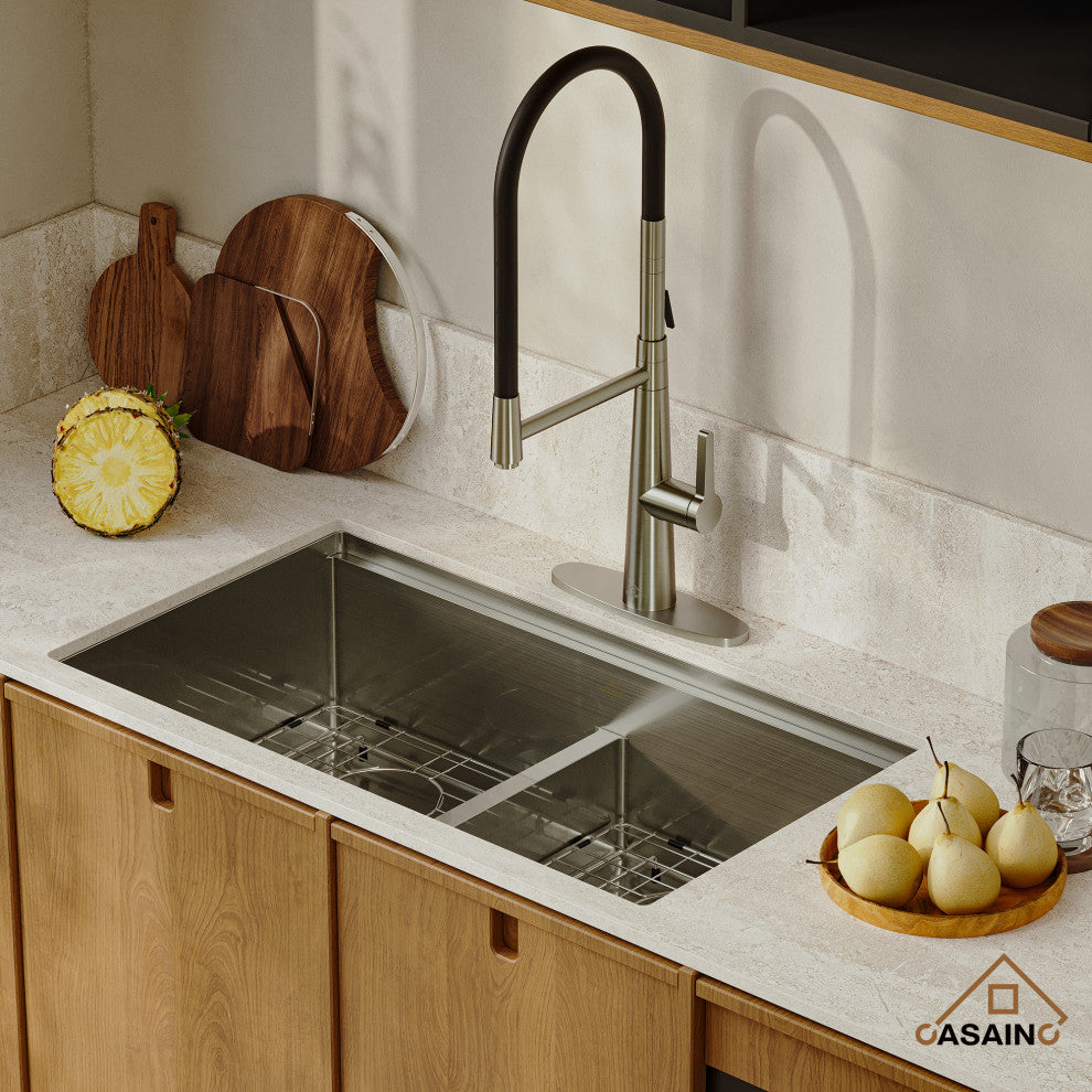 33in Stainless Steel Double Bowl Undermount Workstation Kitchen Sink/ Faucet, Brushed Nickel