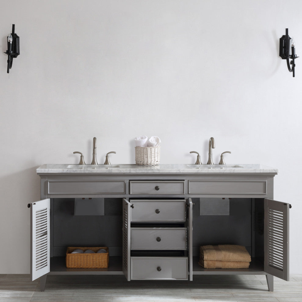 72" Double Vanity in Grey with Carrara White Marble Countertop Without Mirror