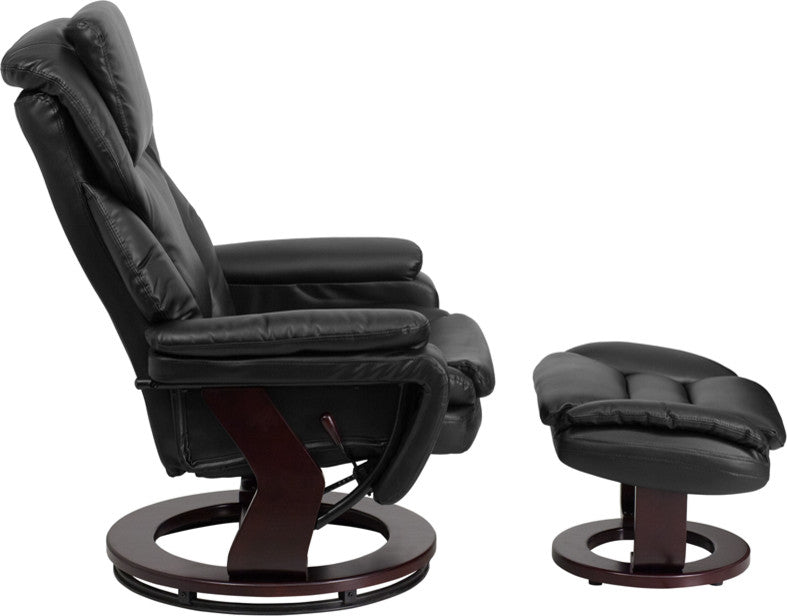 Leather Recliner and Ottoman, Mahogany Wood Base, Black Leather