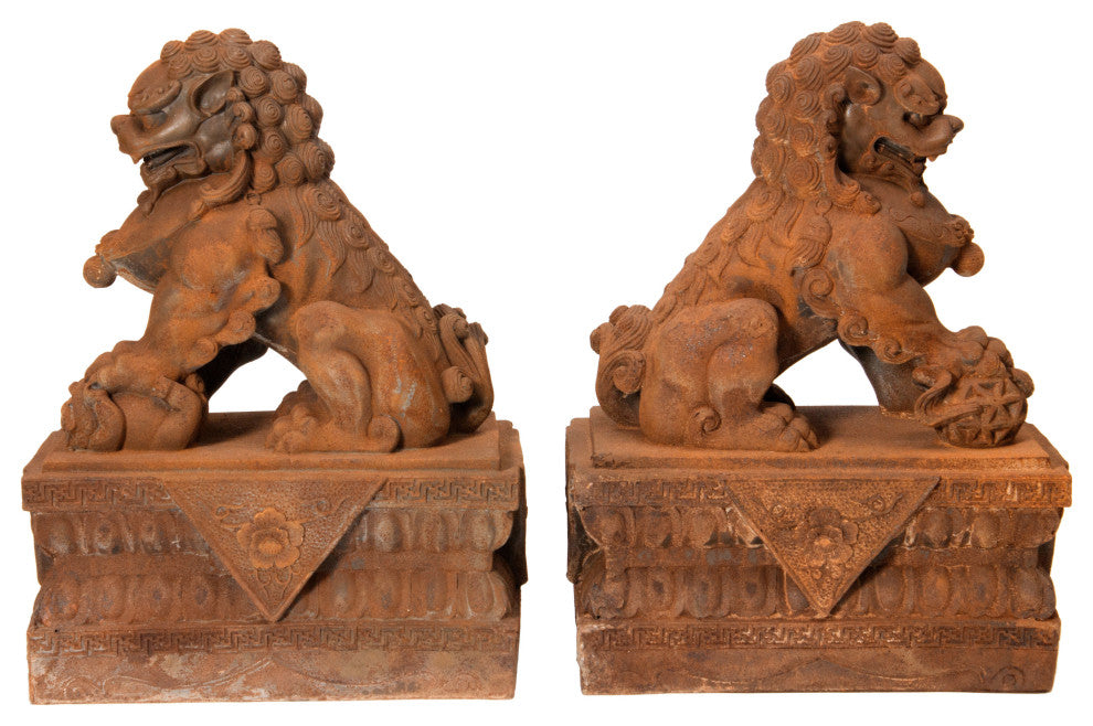 18" Foo Dog Rust Patina Statues, Set of Two