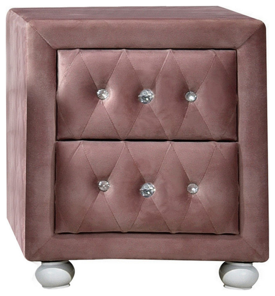 Benzara BM279727 17" Upholstered Nightstand, 2 Drawer, Crystal Handles, Pink