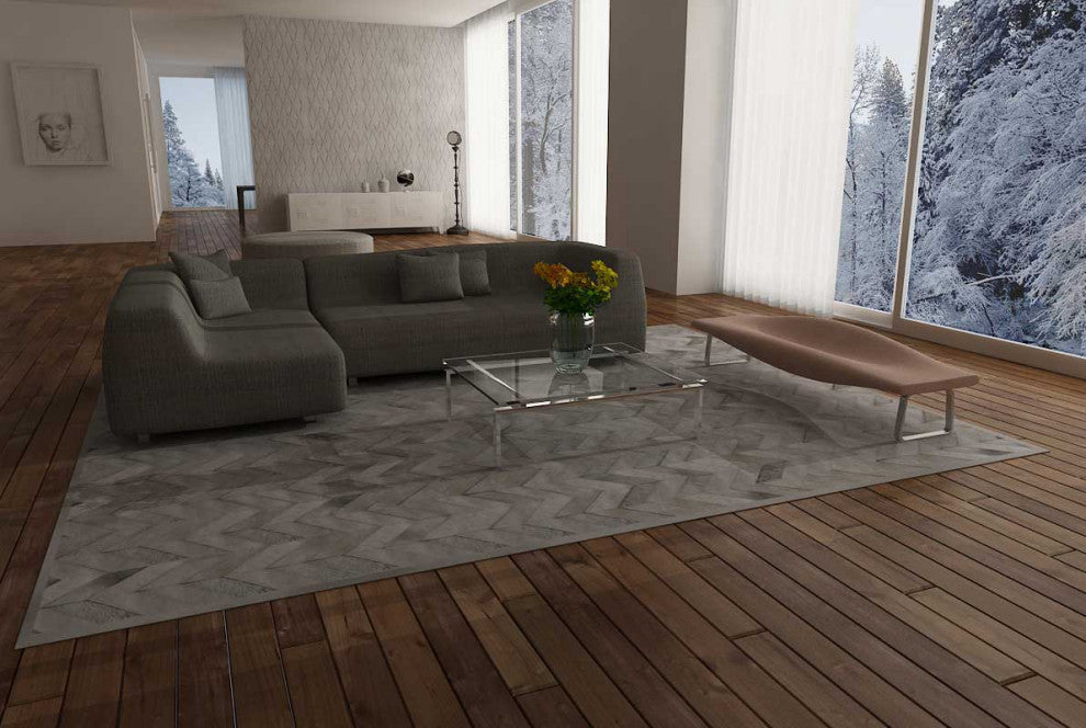 CHEVRON Gray Patchwork Cowhide Rug, 10x14ft