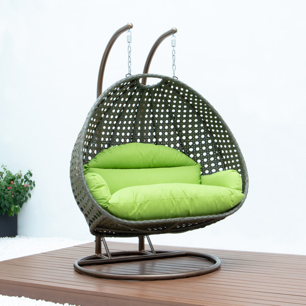 2 Person Beige Wicker Double Hanging Egg Swing Chair, Light Green
