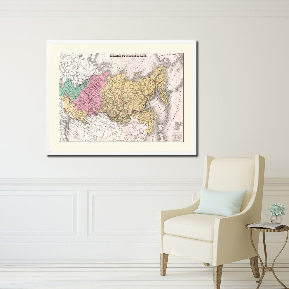 Russia Siberia Vintage Old Map Print On Canvas With Picture Frame 28" X 37"