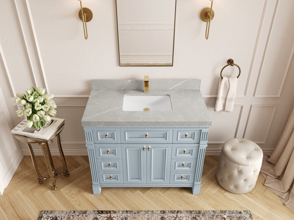 Paris 42" Single Sink Bathroom Vanity, Blue Heather 2" Pearl Gray