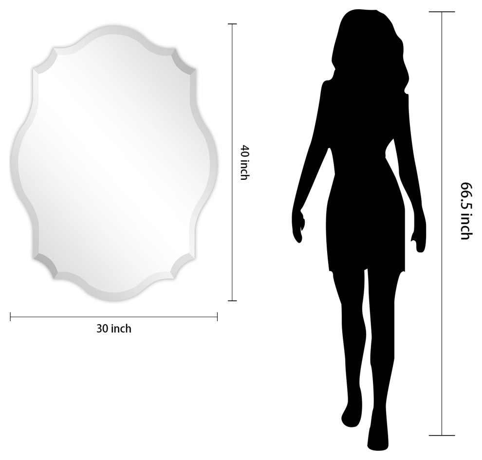 Frameless Beveled Oblong Scalloped Wall Mirror, 1"-Beveled Edge, 30"x40"