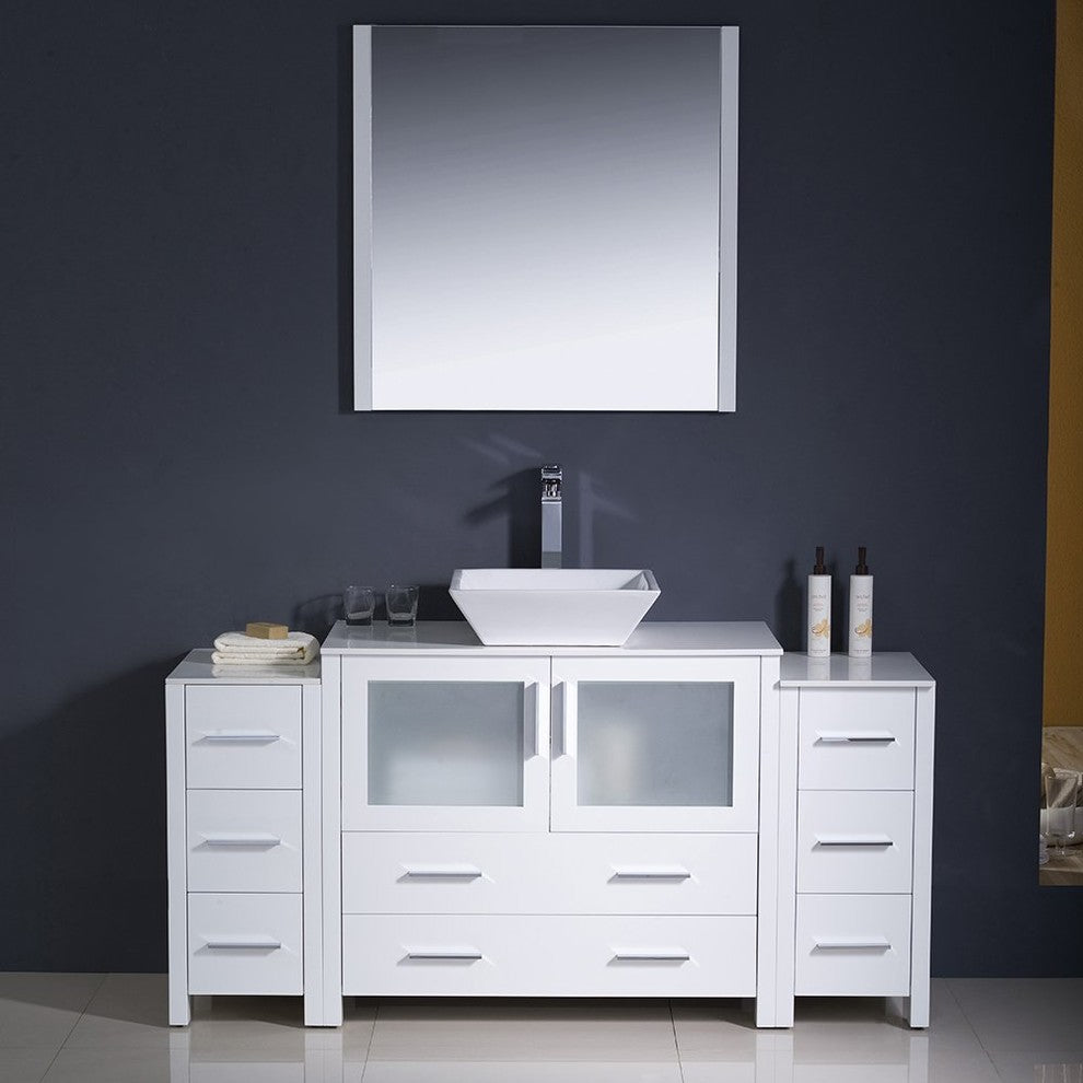 Torino 60" White Modern Bathroom Vanity With 2 Side Cabinets, FFT9162CH