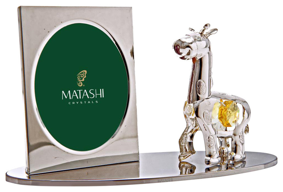 Silver Plated Picture Frame With Crystal Cartoon Giraffe Figurine On A Base
