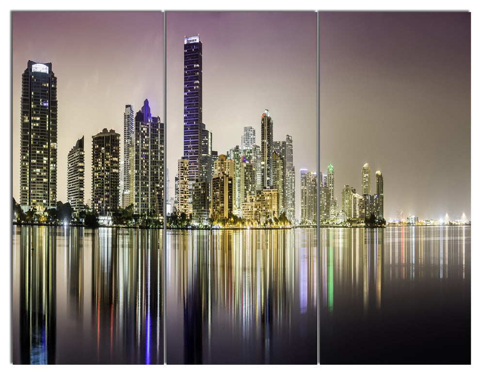 Miami Downtown Night Panorama, Extra Large Triptych Canvas Art, 36x28, 3 Panels