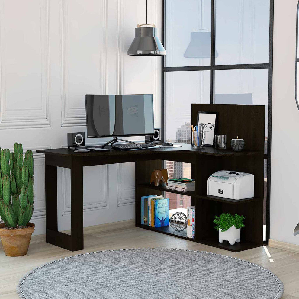 Fresno Computer Desk, With 4 Shelves, Black Wengue