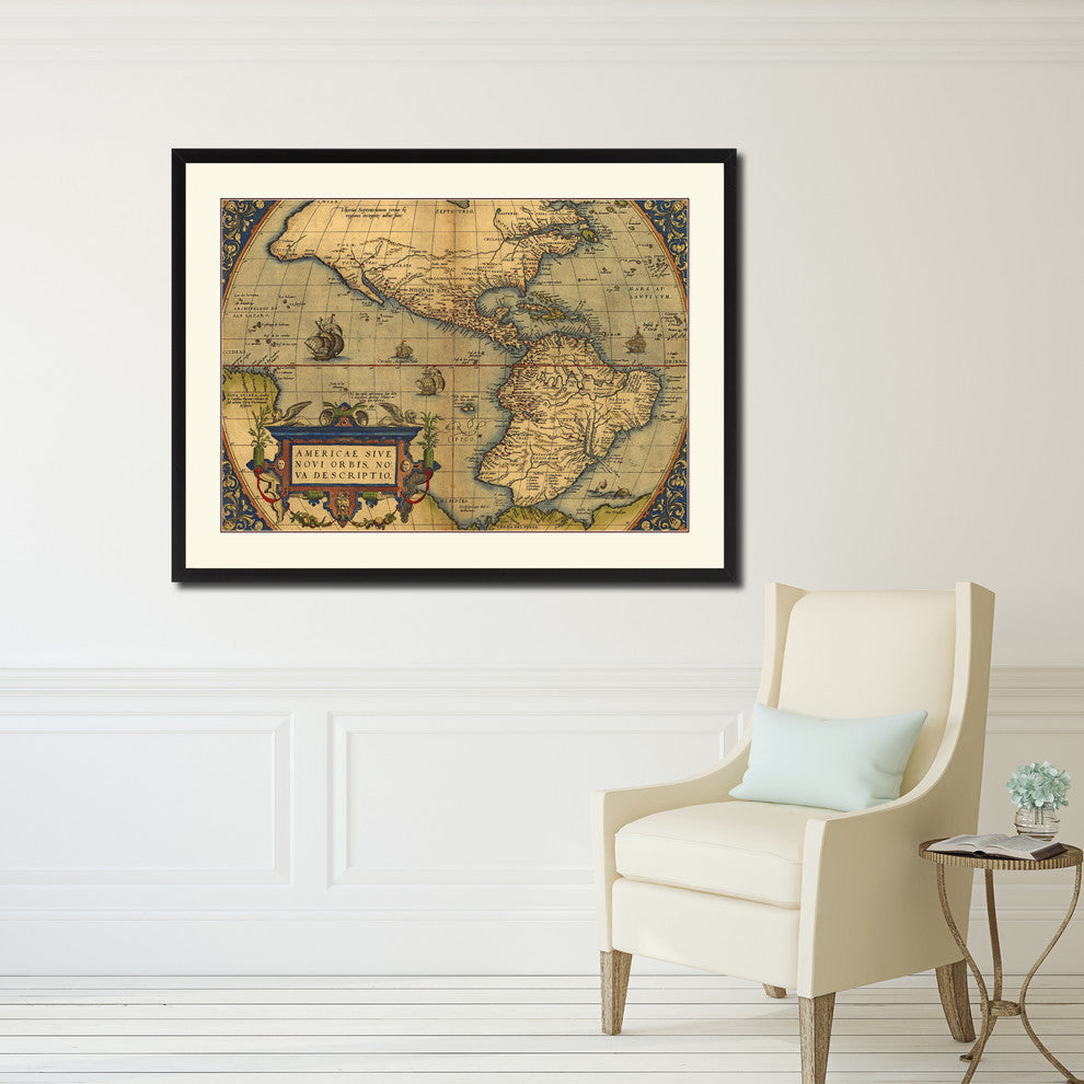North South America Vintage Map Print On Canvas With Picture Frame, 28" X 37"