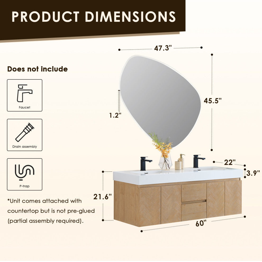 Siena Wall-mounted Single Bath Vanity, Light Brown, 60inch, With Mirror