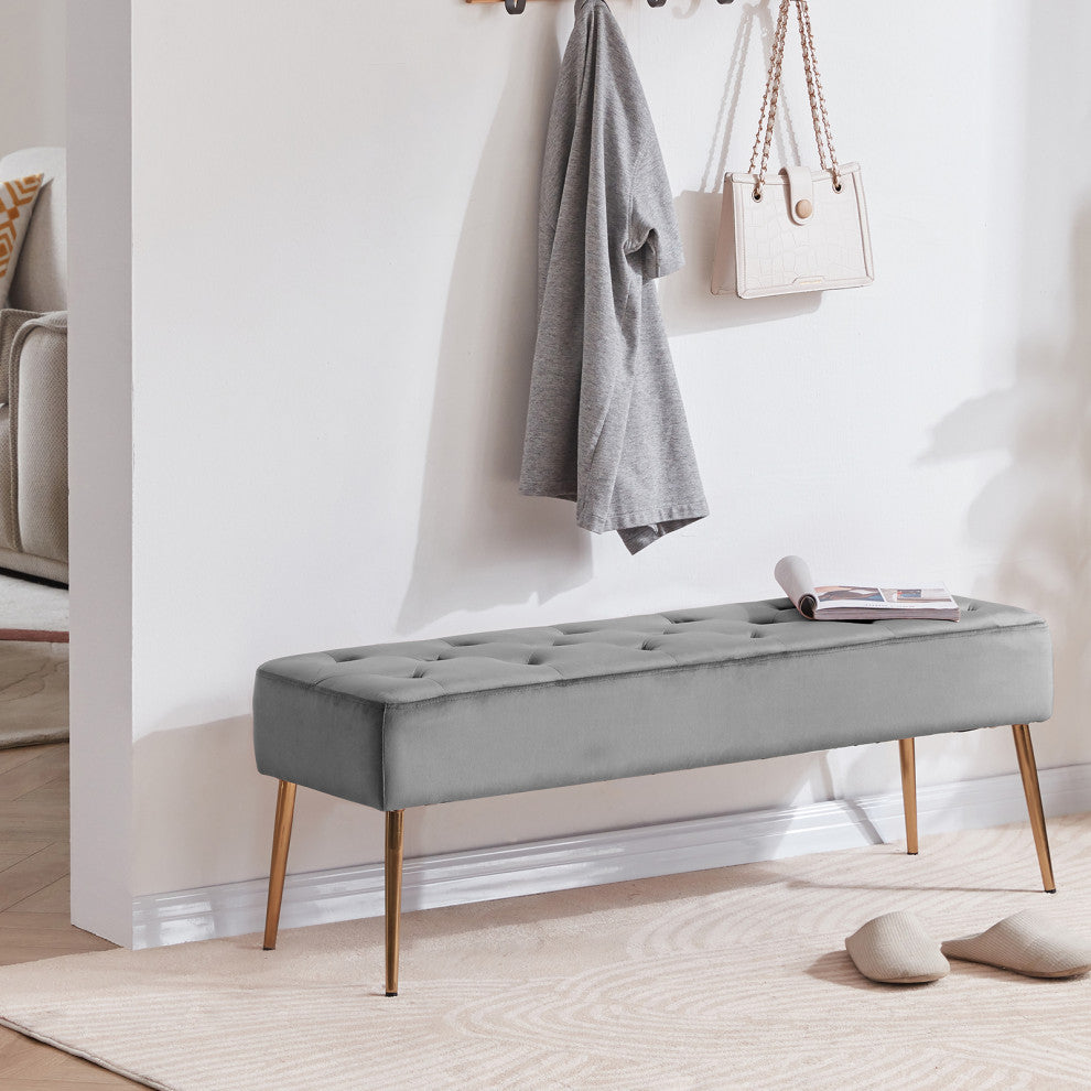 Button Tufts Bedroom Bench, Grey-Velvet