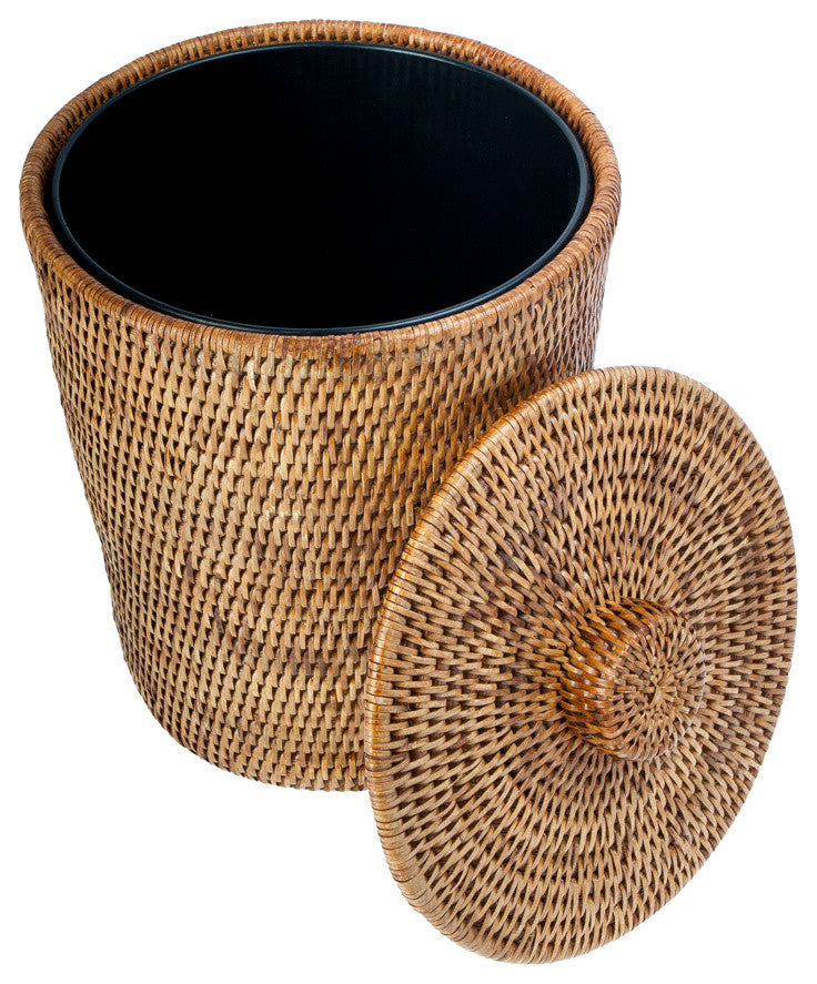 La Jolla Rattan Round Waste Basket With Plastic Insert and Lid, Honey-Brown