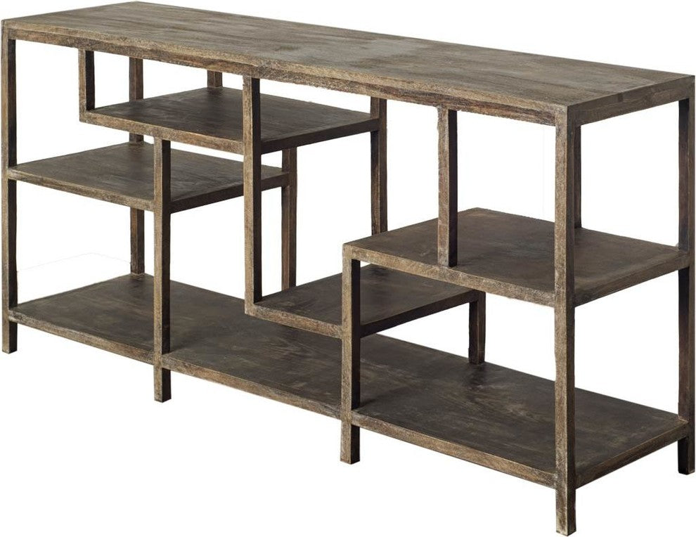 Wright I Medium Brown Solid Wood Multi-Level Shelf Console Table