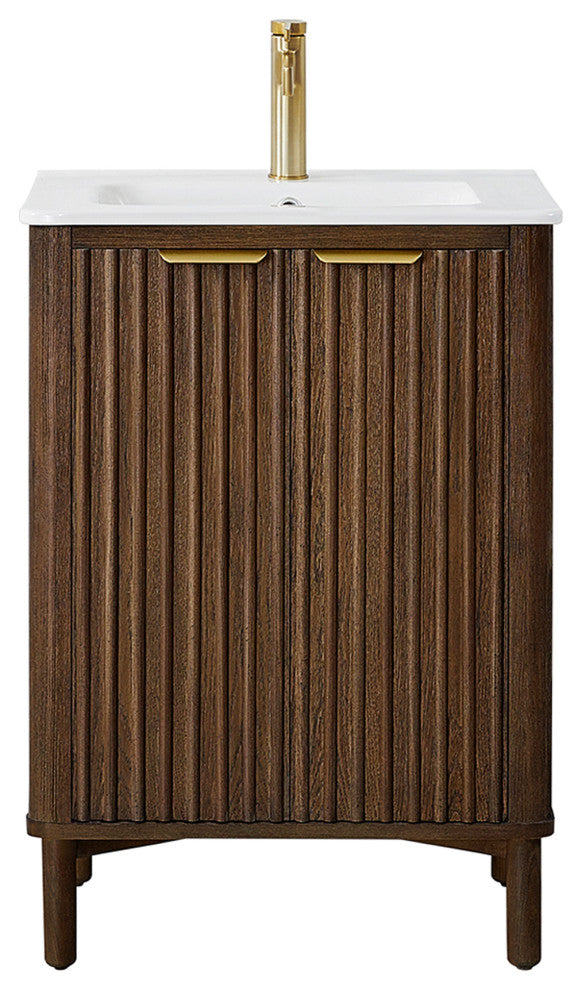 Mumbai Bath Vanity with Ceramic Basin Top without Mirror, Dark Brown Oak, 24", Single Vanity