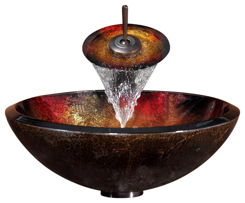 Glass Vessel Sink, Bathroom Waterfall Faucet, Drain, Mount Ring, Oil Rub Bronze