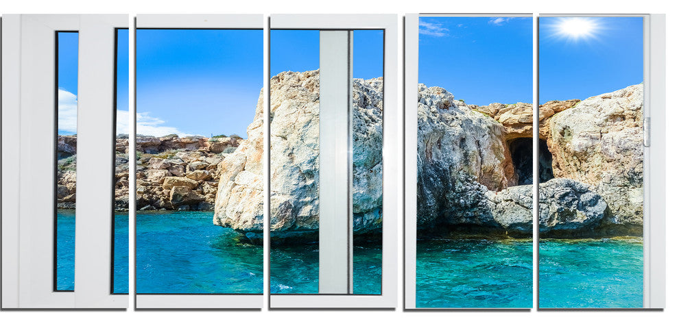 "Open Window To Rocky Sunny Ocean" Seashore Wall Art, 5 Panels, 60"x28"