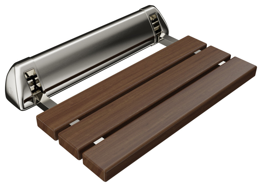 SteamSpa Teak Wall-mounted Folding Shower Seat in Brushed Nickel Trim 20 in.