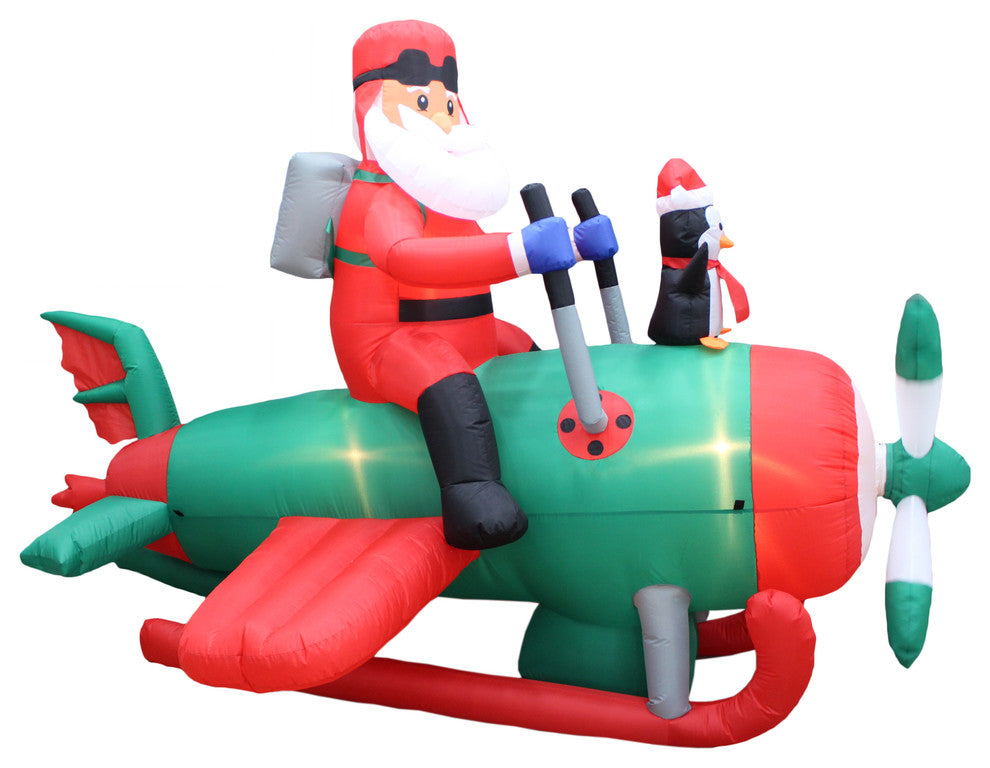 Inflatable Santa Clause and Penguin Airplane Yard Decoration, 8'