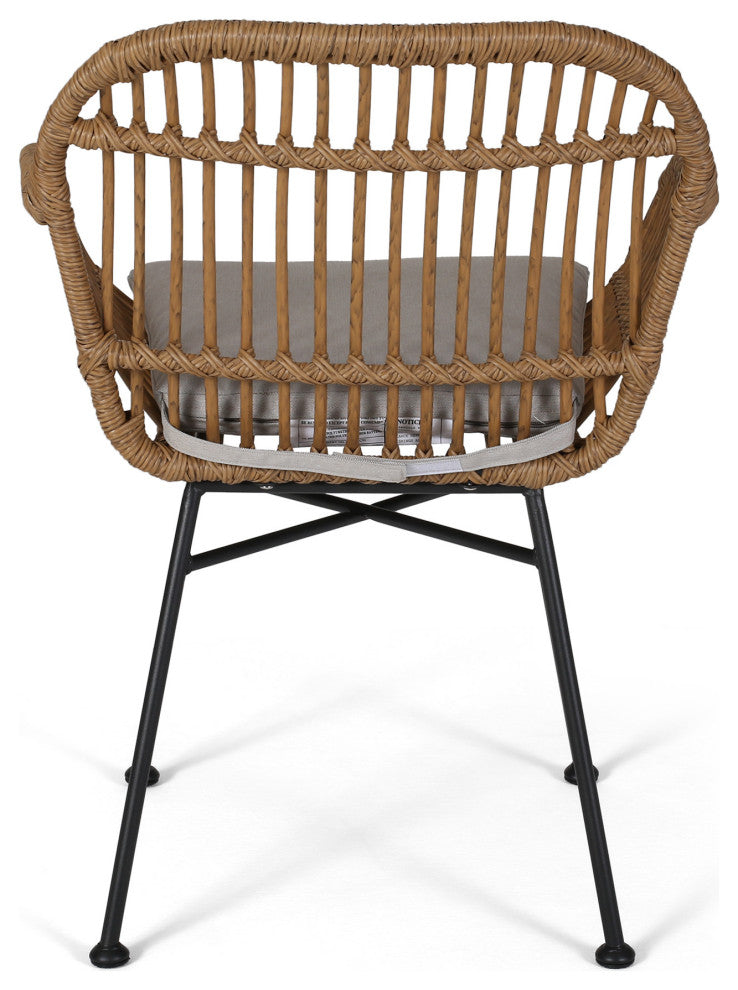Rodney Outdoor Woven Faux Rattan Chairs With Cushions, Set of 2, Light Brown, Beige