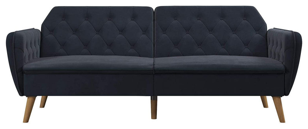 Blue Velvet Memory Foam Futon with Tapered Legs and Button Tufted Back, Blue