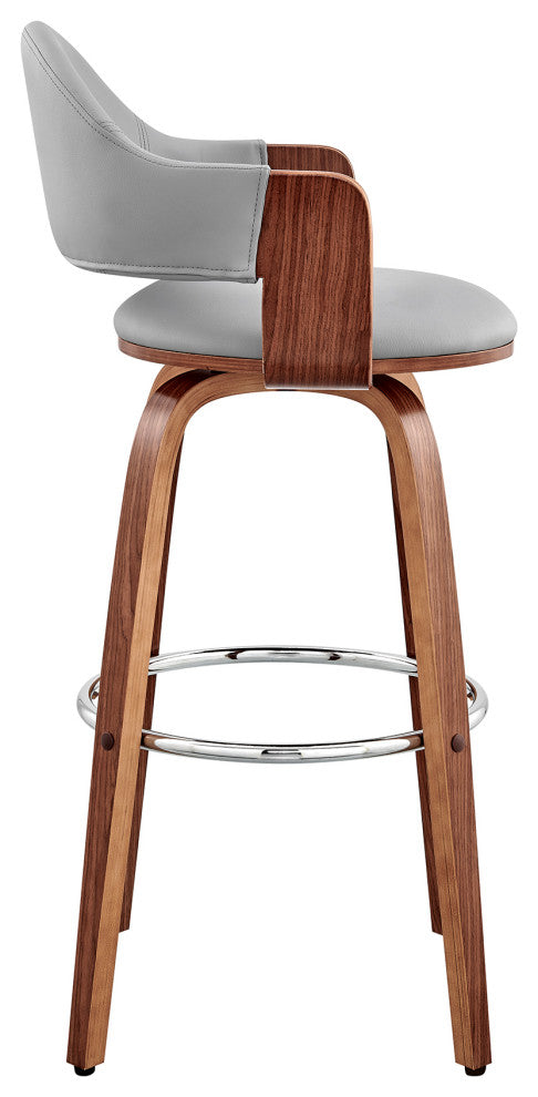 Daxton Faux Leather and Wood Bar Stool, Gray and Walnut, 30"